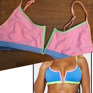 NEW Heat Bikini Top Swimsuit Neon Pink Bralette 90's Color Block XL Adjustable